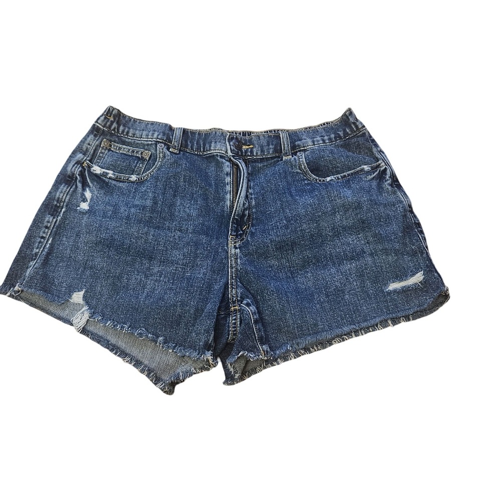 Aerie Distressed Dark Wash Denim Shorts‎ Elastic Waist Frayed Hem Womens Size L